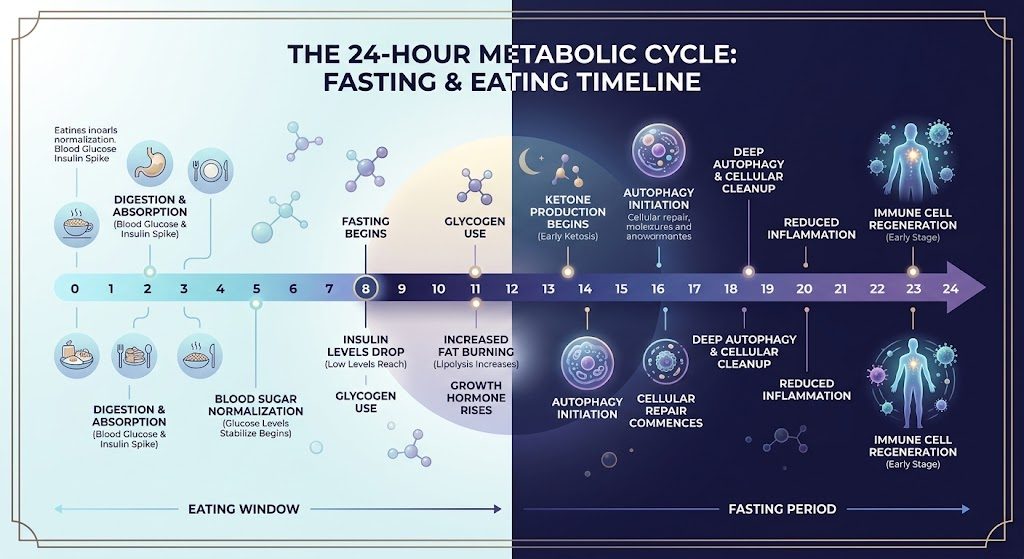 Infographic showing the timeline of hormonal shifts during an intermittent fasting window schedule