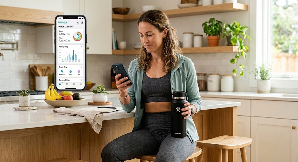 Woman tracking her intermittent fasting window schedule and monitoring her fluid intake